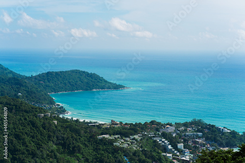 Tropical sea landscape with turquoise water and green hills