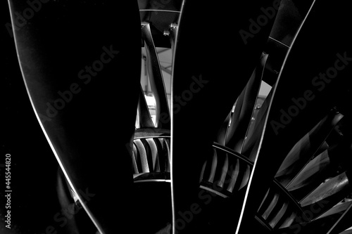 Modern turbofan engine. close up of turbojet of aircraft on black background. blades of the turbofan engine of the aircraft