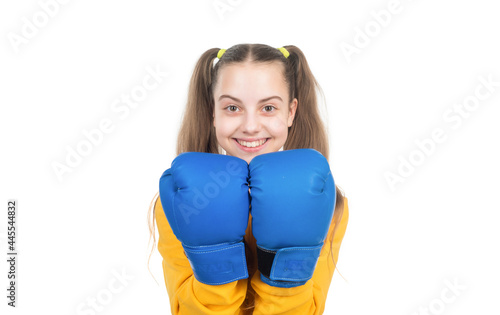 happy child boxer in boxing gloves ready to fight and punch isolated on white, activity