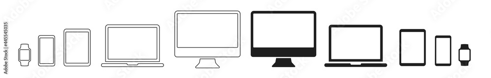 Device icon set. Devices smart phone, tablet, laptop and smart watch line icons isolated. Collection modern digital device in flat style. Responsive web design elements. Stock vector elements.