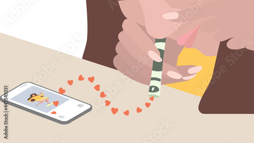 Concept of people dependence on social networks. The girl sniffs likes and hearts from mobile phone applications. Internet addiction. Problem. Vector. Flat style