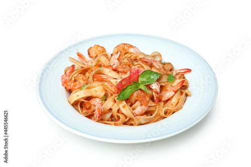 Plate of shrimp pasta isolated on white background