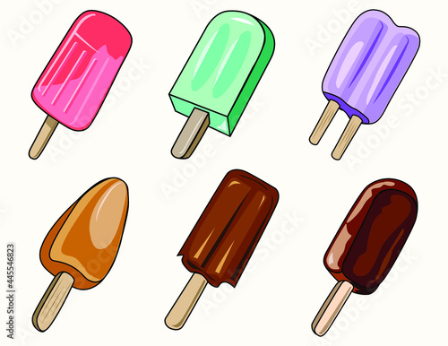 Collection ice cream sticks pastel colors  isolated on white. Cartoon style vector illustration. Sweet menu and summer concept.