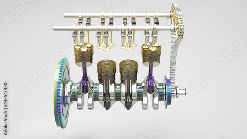 Isolated illustration of a car engine with exposed connecting rods and pistons, 3d rendering, 3d illustration