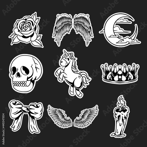 Cool black and white sticker set design resources