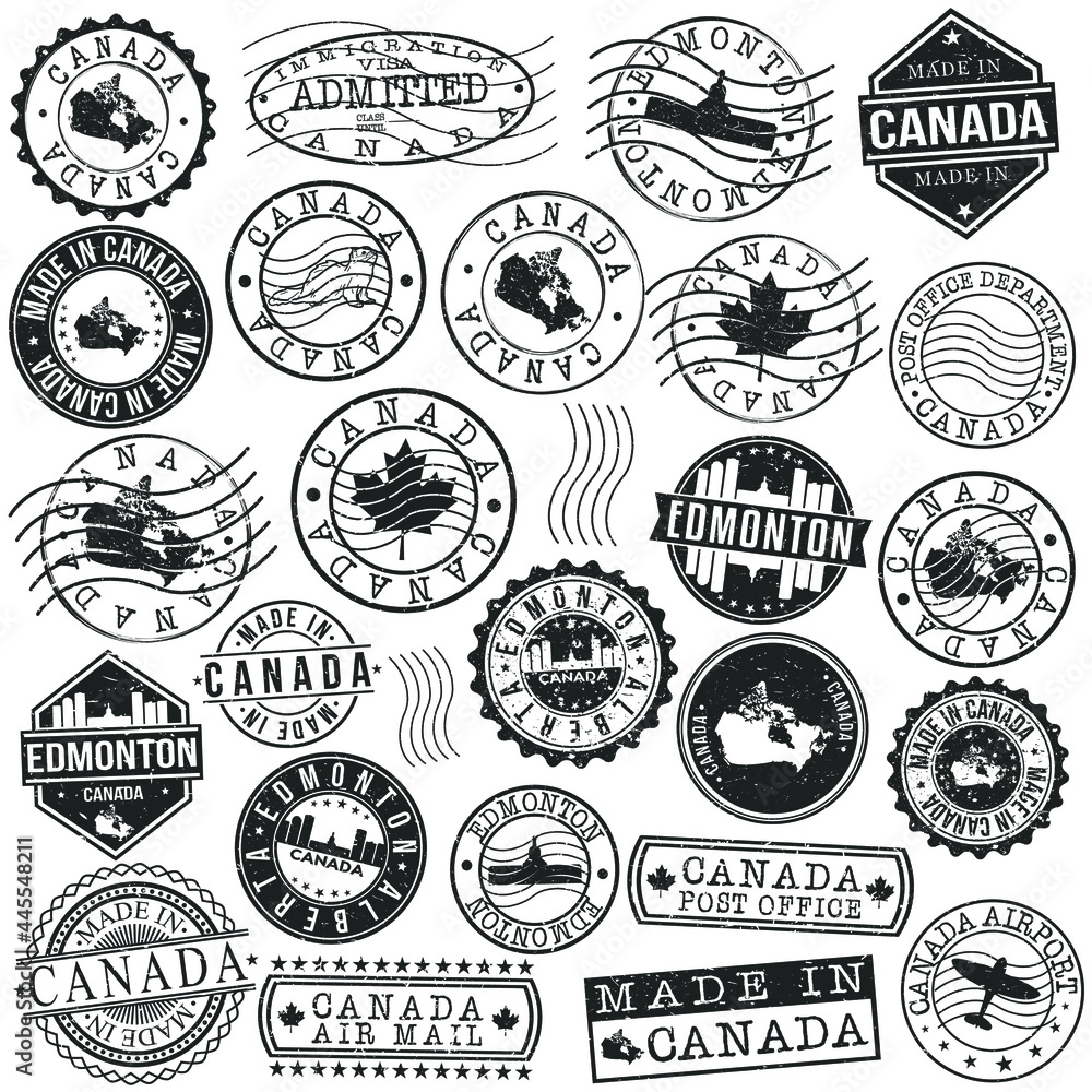Edmonton, AB, Canada Set of Stamp. Vector Art Postal Passport Travel Design. Travel and Business Seals.