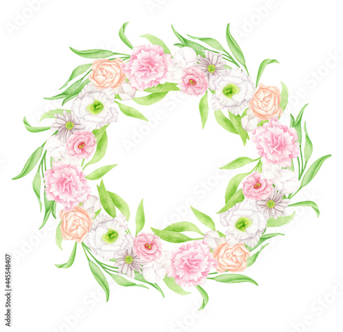 Watercolor floral wreath. Hand drawn round floral frame isolated on white background. Elegant circular composition with blush pastel flower buds, greenery for wedding invitations, save the date