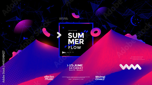 Summer synth retro wave poster with mountain and geometric shapes. Sci-Fi futuristic background in 80s style. Electronic Music festival flyer of the 80s.