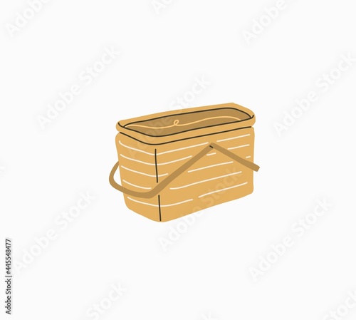 Hand drawn vector abstract stock graphic summer time cartoon,contemporary minimalistic style illustrations print with bohemian beautiful beach picnic basket,isolated on white background