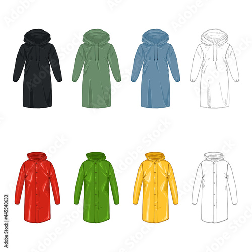 Vector Set of Raincoat Illustrations. Cartoon and Sketch Drawings