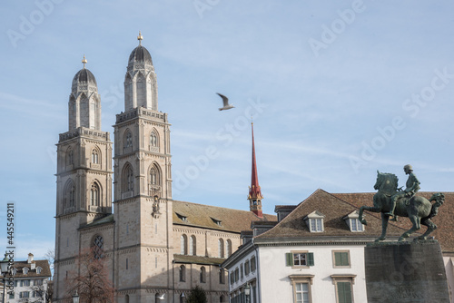 Grossmunster church against the sky in Zurich, Switzerland photo