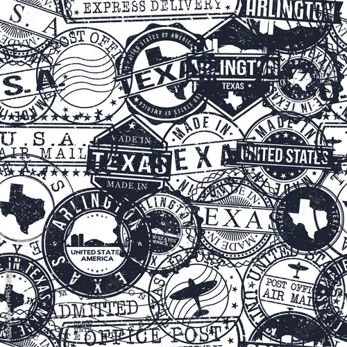 Arlington Texas Stamps Background. A City Stamp Vector Art. Set of Postal Passport Travel. Design Set Pattern.