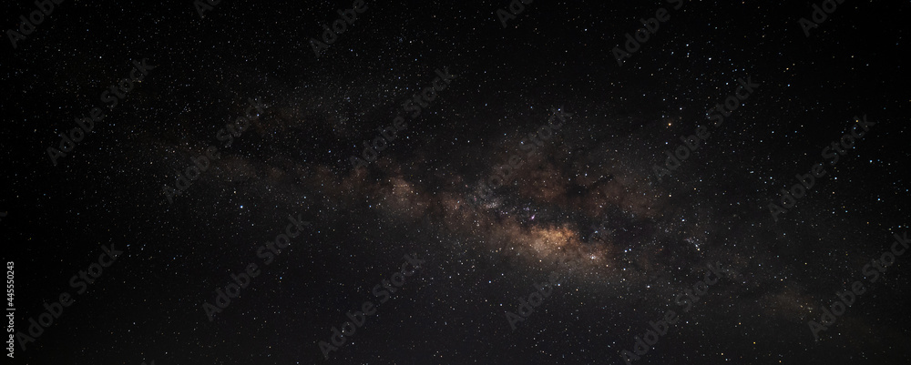 Panorama deep  night sky milky way and star on dark background.Universe filled with stars, nebula and galaxy with noise and grain.Photo by long exposure and select white balance. 