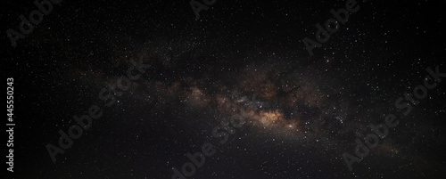 Panorama deep night sky milky way and star on dark background.Universe filled with stars, nebula and galaxy with noise and grain.Photo by long exposure and select white balance. 