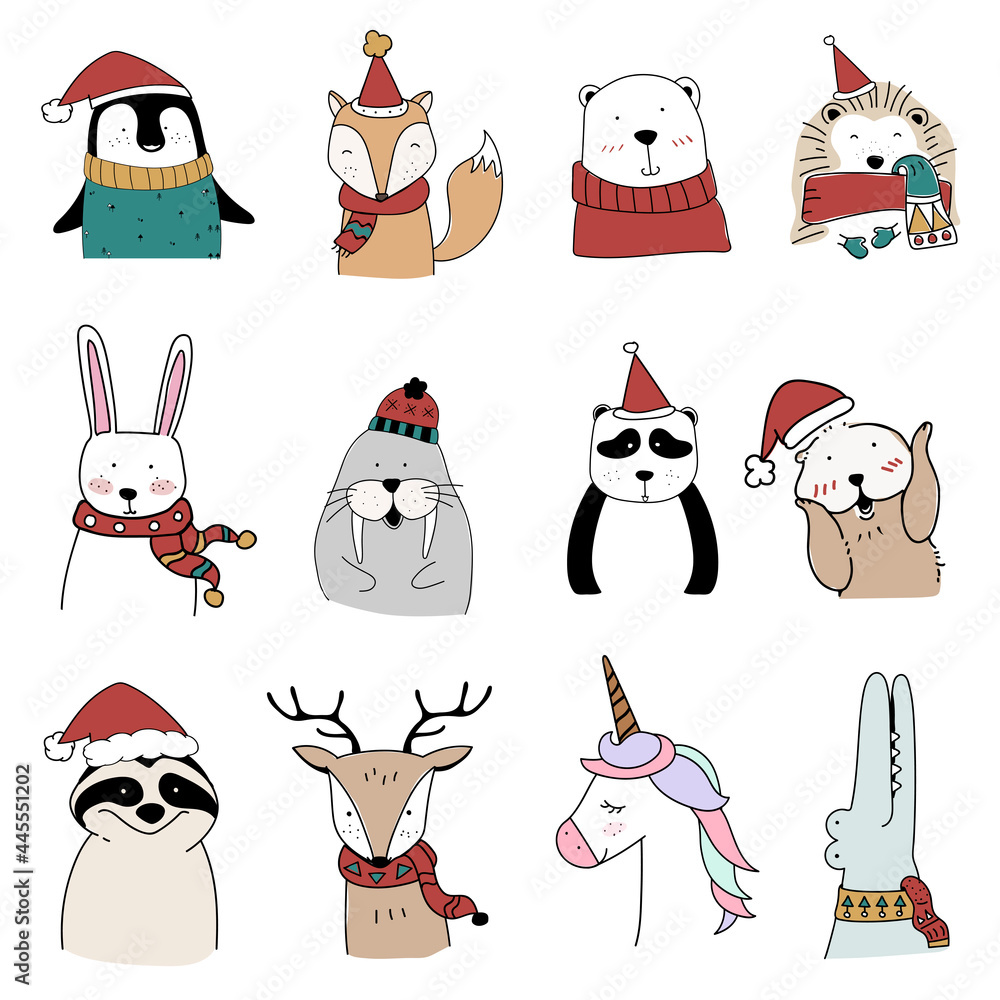 Fototapeta premium Hand drawn animals enjoying a Christmas holiday