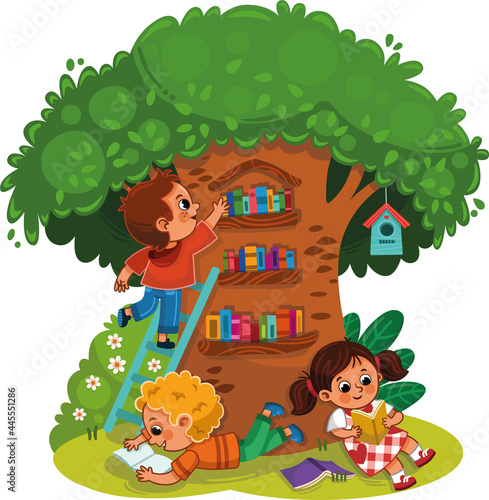 Fototapeta Naklejka Na Ścianę i Meble -  Three kids reading a book under a tree library.