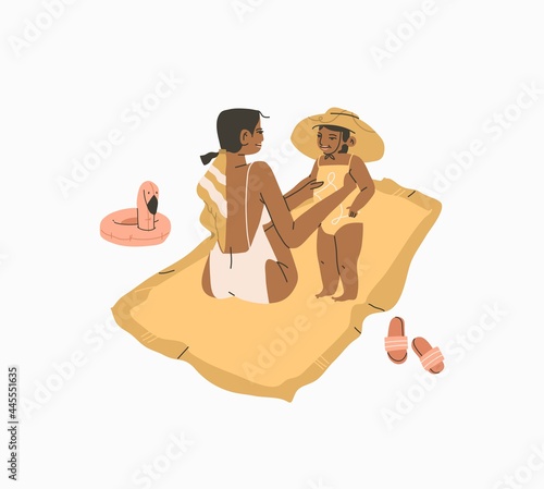 Hand drawn vector abstract stock graphic summer time cartoon,minimalistic style illustrations with bohemian beautiful mom and daughter sunbathes and sitting on the beach,isolated on white background.