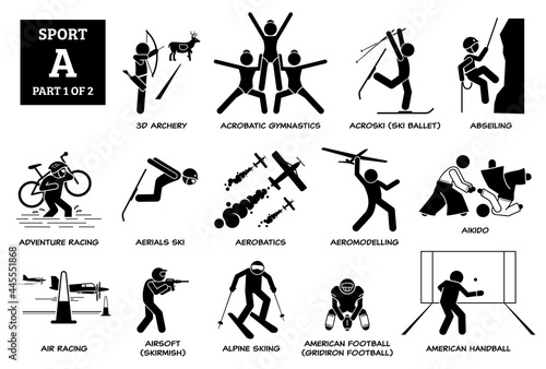 Sport games alphabet A vector icons pictogram. 3D archery, acrobatic gymnastics, acroski, abseiling, adventure racing, aerials ski, aikido, airsoft, alpine skiing, American Football, and Handball.