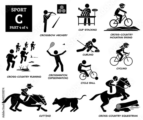 Sport games alphabet C vector icons pictogram. Crossbow archery, cup stacking, cross country mountain biking, running, crossminton speedminton, cycle ball, curling, cycling, cutting, and equestrian.