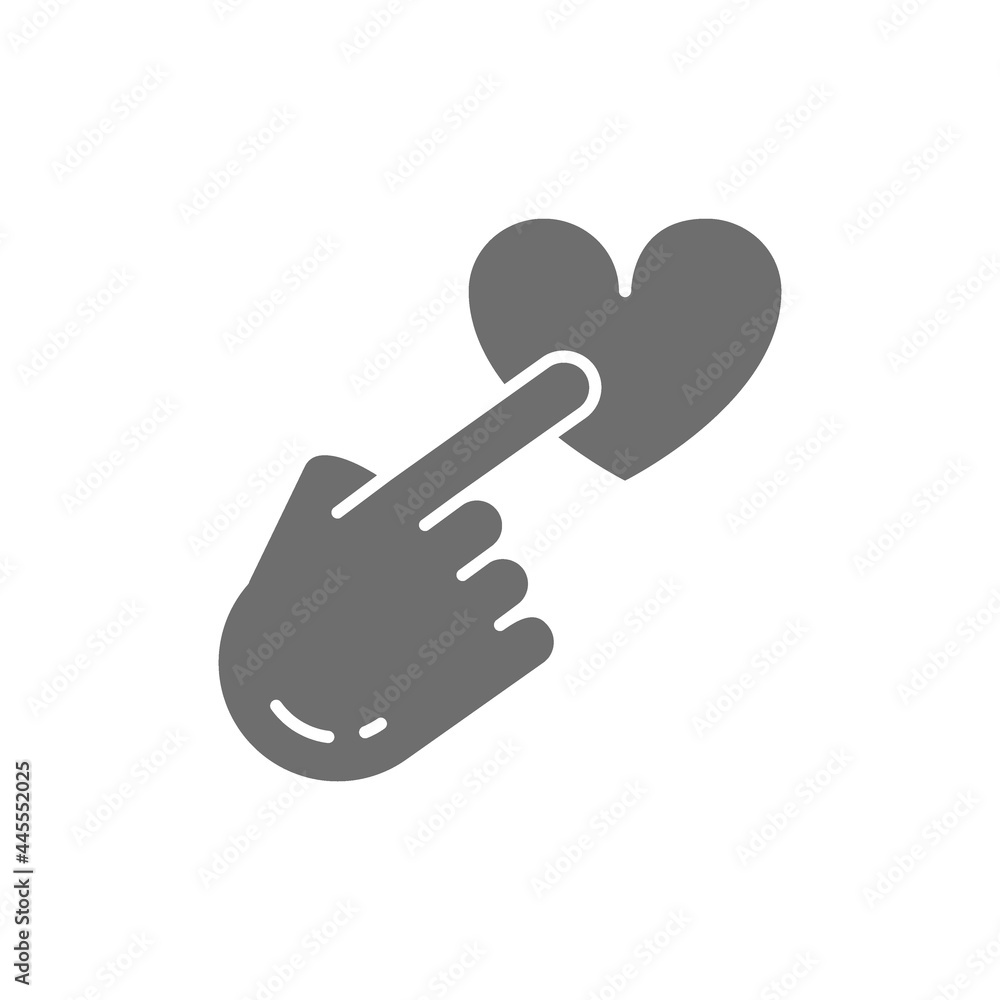 Finger point to heart button, feedback, customer review, positive grey icon. Finger point to heart button, feedback, customer review, positive grey icon.