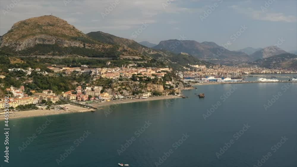 Aerial view to Vietri sul Mare and Salerno south city in Italy. Beautiful view from above to the sea and landscape. Concept of tourism, and traveling. Boats and ships. Timelapse and hyperlapse . Aerial view to Vietri sul Mare and Salerno south city in Italy. Beautiful view from above to the sea and landscape. Concept of tourism, and traveling. Boats and ships. Timelapse and hyperlapse .
