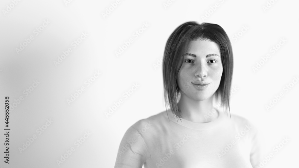Obraz premium 3d illustration of portrait of a woman with white shirt on white background, empty white space for text