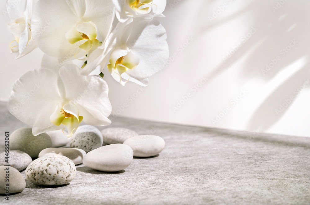 White and grey textured stone podium with sea pebbles, orchid flowers and plant shadow pattern. Advertising background concept for cosmetics, fashion, spa. White and grey textured stone podium with sea pebbles, orchid flowers and plant shadow pattern. Advertising background concept for cosmetics, fashion, spa.
