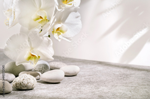 White and grey textured stone podium with sea pebbles, orchid flowers and plant shadow pattern. Advertising background concept for cosmetics, fashion, spa.