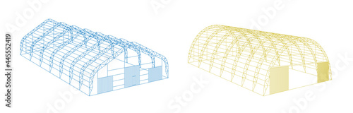 Awning tarpaulin tent temporary warehouse exhibition tunnel hall aircraft hangar project set. Barn construction building wireframe carcass structure. Clear cut frame. Vector eps isometric illustration