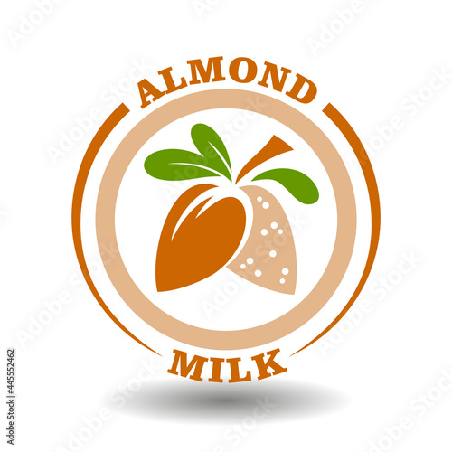 Simple circle logo Almond milk with round half cut nut shells icon and green leaves symbol for labeling product contain natural organic sweet almond oil in package pictogram sign