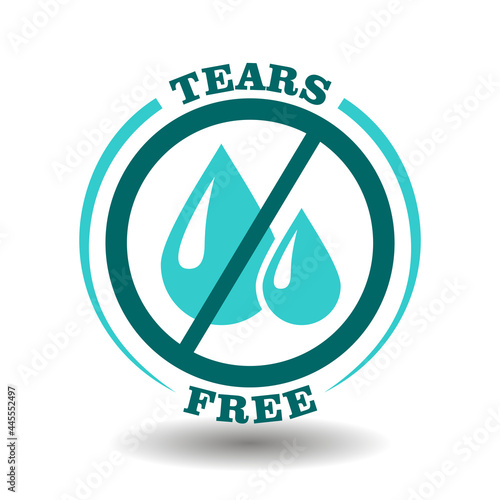 Simple vector round logo No Tears, Tears Free icon for gentle care cosmetic products with soft formula sign. Prohibited liquid water drops symbol in blue circle pictogram