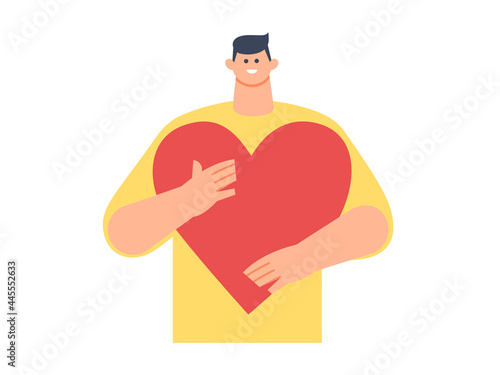 Young man holding a heart in his hands. Concept of help, charity, volunteering, mutual aid. Flat style. Vector illustration.