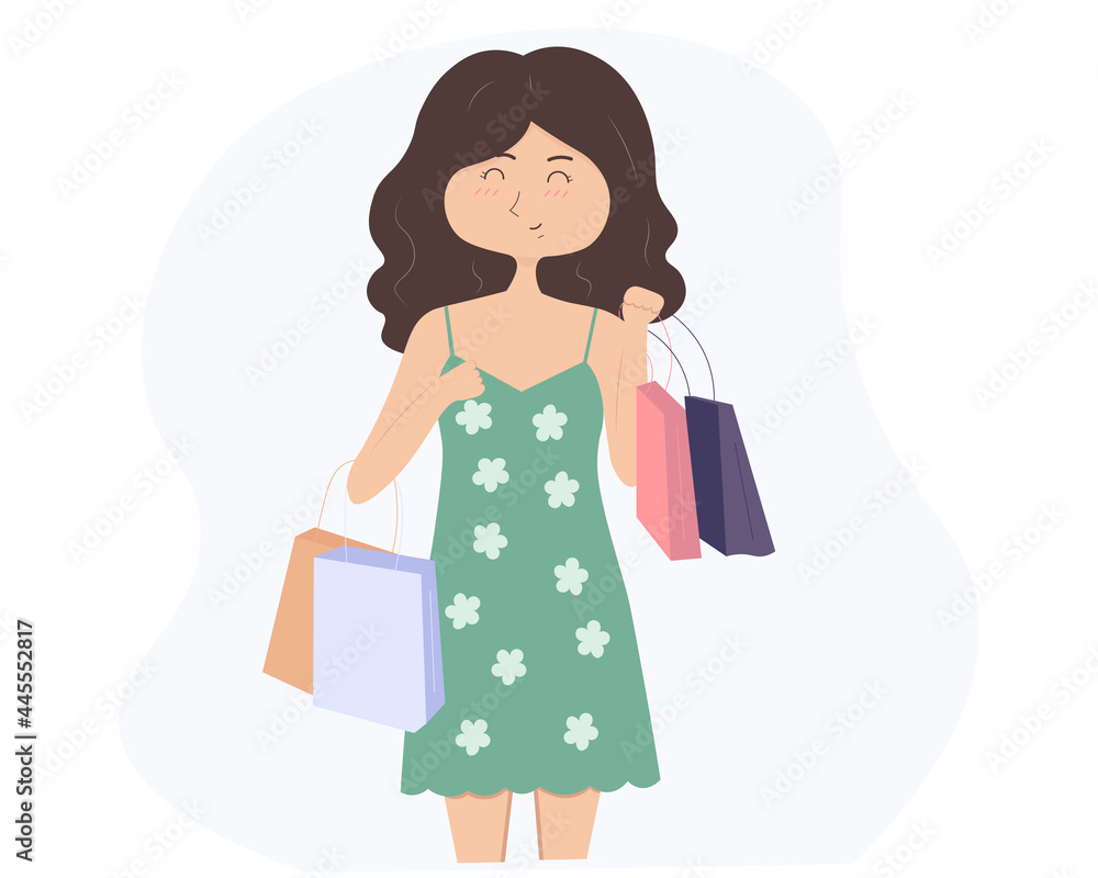 Shopping girl. Cute cartoon flat vector character