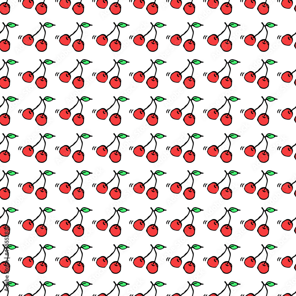 Seamless colored cherry pattern. Doodle illustration with red cherry icons on white background. Vintage cherry pattern, sweet elements background for your project, menu, cafe shop. Seamless colored cherry pattern. Doodle illustration with red cherry icons on white background. Vintage cherry pattern, sweet elements background for your project, menu, cafe shop.