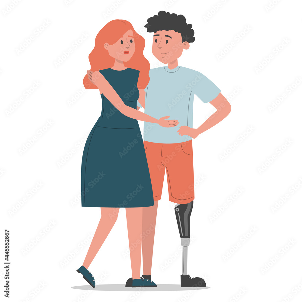 Man with prosthetic leg hugs woman vector isolated. Romantic couple, wife and husband. Happy person with disability. Man with prosthetic leg hugs woman vector isolated. Romantic couple, wife and husband. Happy person with disability.