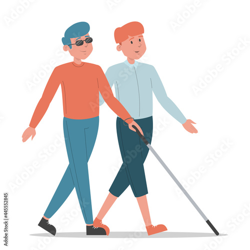 Blind man walking with a friend vector isolated. Help and support for disabled people. Male characters walking together and talking. Handicapped person with sunglasses and walking cane.
