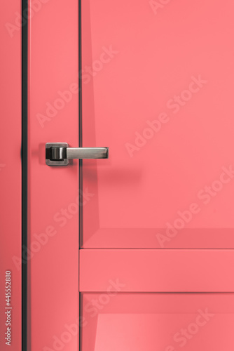 Stainless stylish door knob on pink wooden door © Denys Kurbatov
