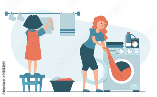 Mother and daughter doing domestic daily routine together vector isolated. Mother take clean clothes out of the washing machine and child hanging them on rope to dry.