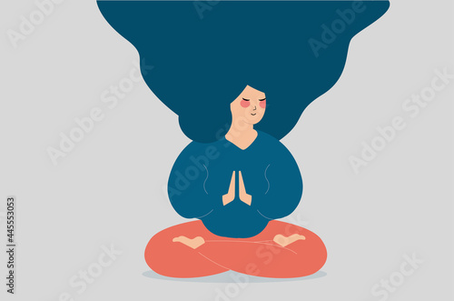 Pregnant woman in cross legged position mediates. Girl with closed eyes practicing yoga in the morning, doing relaxing and breathing exercice at home. Flat design body style for fitness concept.	

