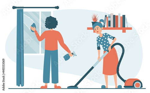 Woman vacuum cleaning the floor at home and man washing window vector isolated. Housewife cleaning carpet. Daily routine, domestic work. Male character wiping glass using cloth and spray.