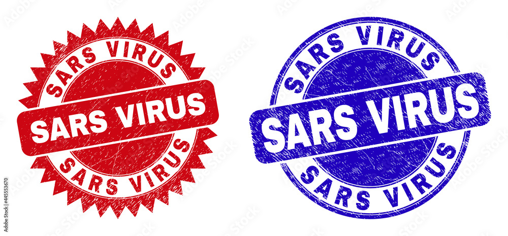 Obraz premium Round and rosette SARS VIRUS seal stamps. Flat vector grunge seal stamps with SARS VIRUS caption inside round and sharp rosette form, in red and blue colors. Imprints with unclean texture,