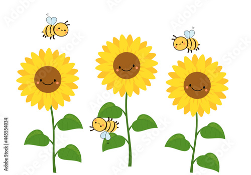 Sunflower field and bee cartoons isolated on white background vector.