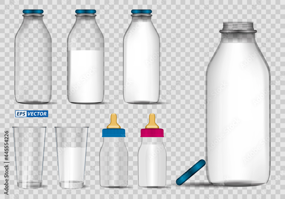 set of realistic bottle milk isolated or fresh milk in glass mock up ...