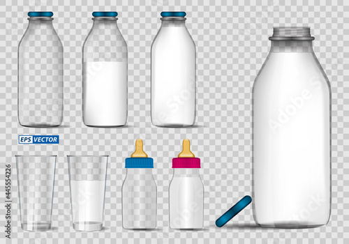 set of realistic bottle milk isolated or fresh milk in glass mock up template or various flavour milk strawberry, chocolate and pure milk or turkish ayran drink concept. eps vector