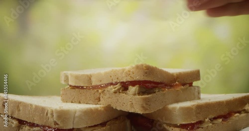 Peanut Butter Jelly Sandwich with a Hand Placing it on a Plate with Green Background
