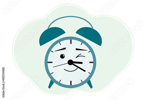 Illustration of a turquoise alarm clock with a cheerful emotion. Winks