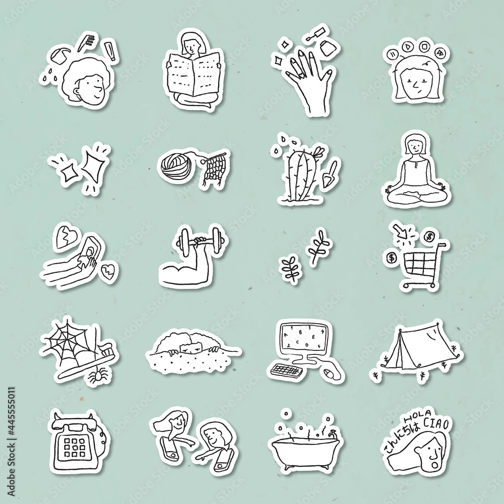 Activities at home doodle style sticker vector set