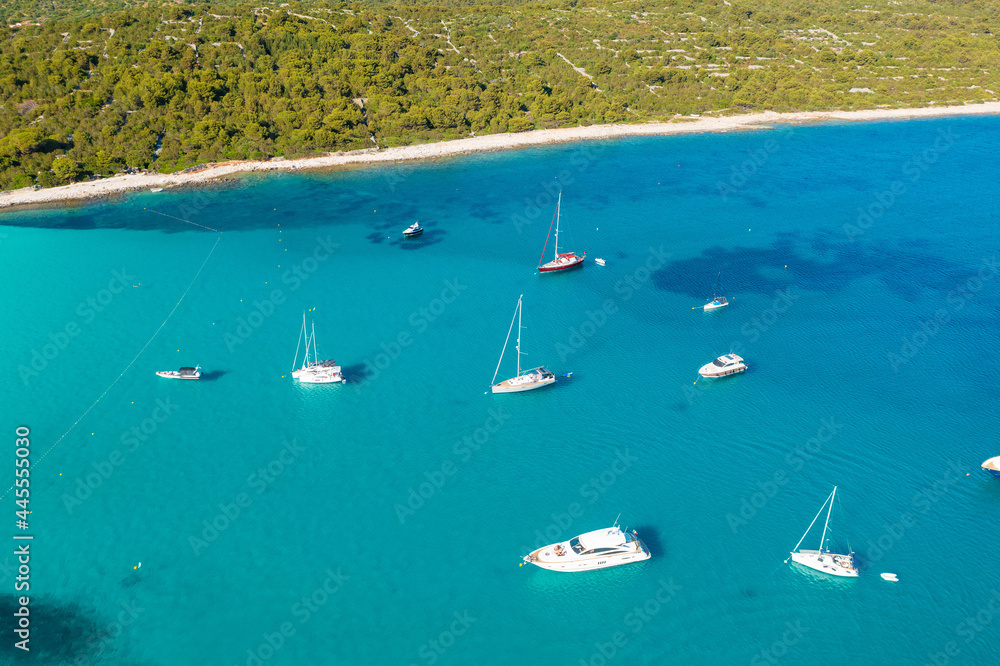 Aerial view of a beach with the boats on the Sakarun beach, Adriatic Sea, Croatia
