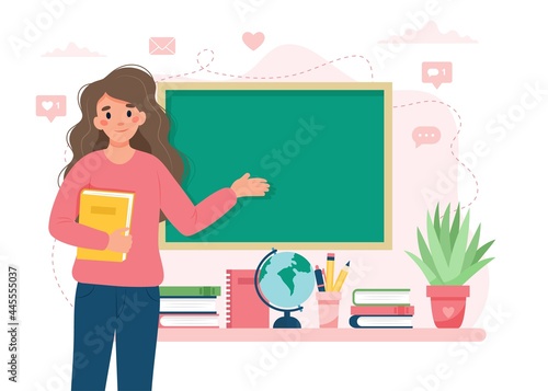 Female teacher in classroom. School and learning concept, teacher's day. Cute vector illustration in flat cartoon style