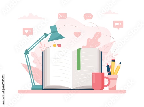 Learning and reading concept. Open book on table, lamp, pens and pencils. Cute vector illustration in flat cartoon style